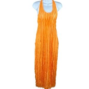 Micas Dress Women’s Sz XS Orange Midi Ruffle Halter Date Night Sexy Sheer NWT